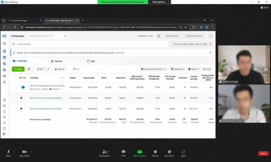 Sesi privat online membahas dashboard Meta Ads